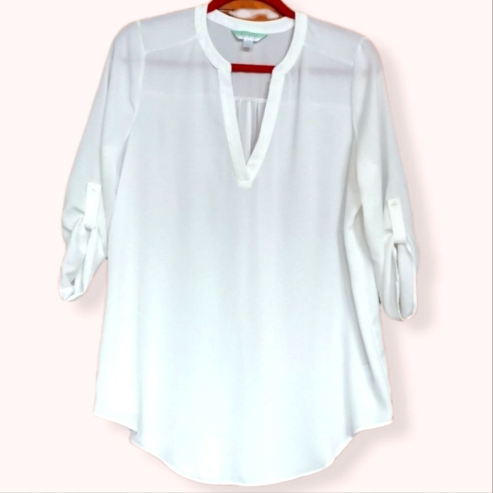 DECREE WHITE SHEER FLOWY TUNIC BLOUSE ROLL SLEEVE BUTTON CUFF TOP